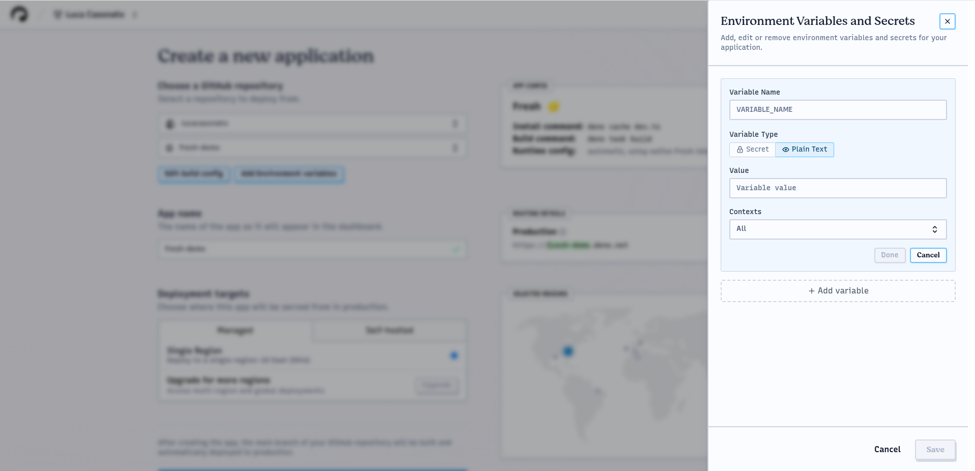 Screenshot of the Deploy env variables config screen